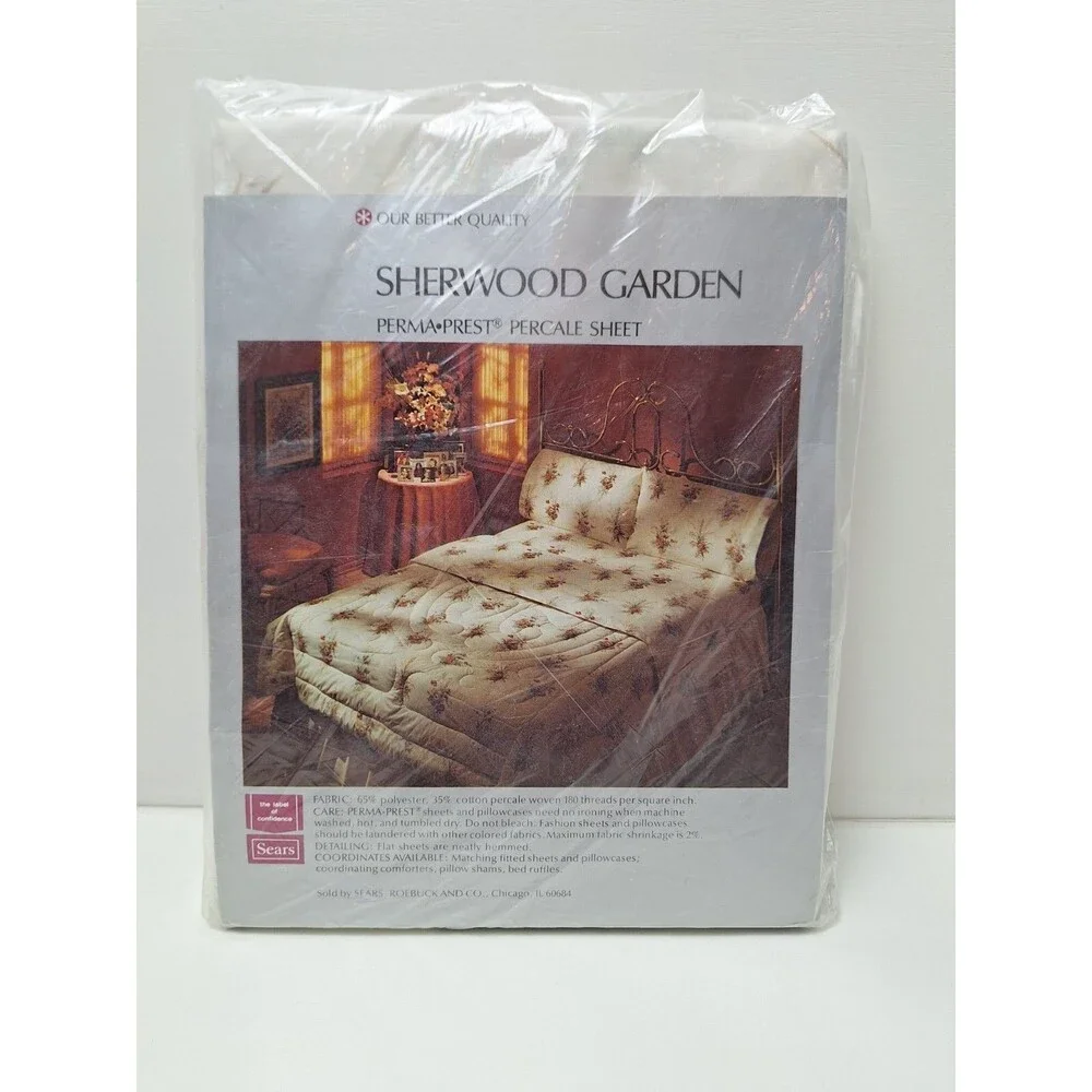 NOS Sears Full Size Flat Fitted Sheets Sherwood Garden Percale Perma Prest 1970s