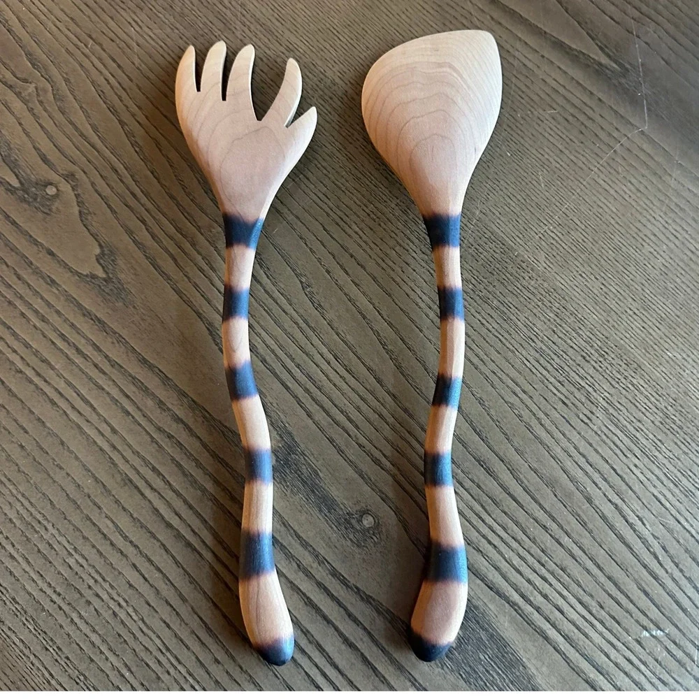Handcrafted Cat Tail Jonathan's Spoons Wooden Salad Server Set Wavy Handle
