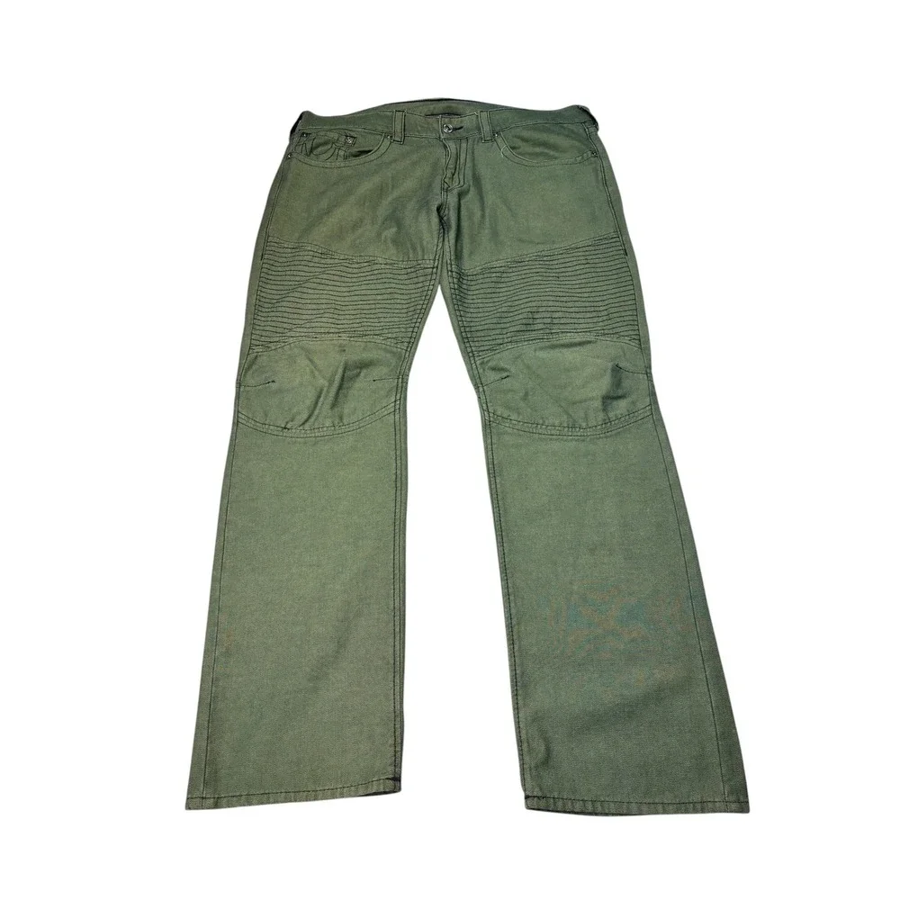 True Religion Mens Section Moto Slim Pants Olive Green‎ Biker Ribbed 38X33