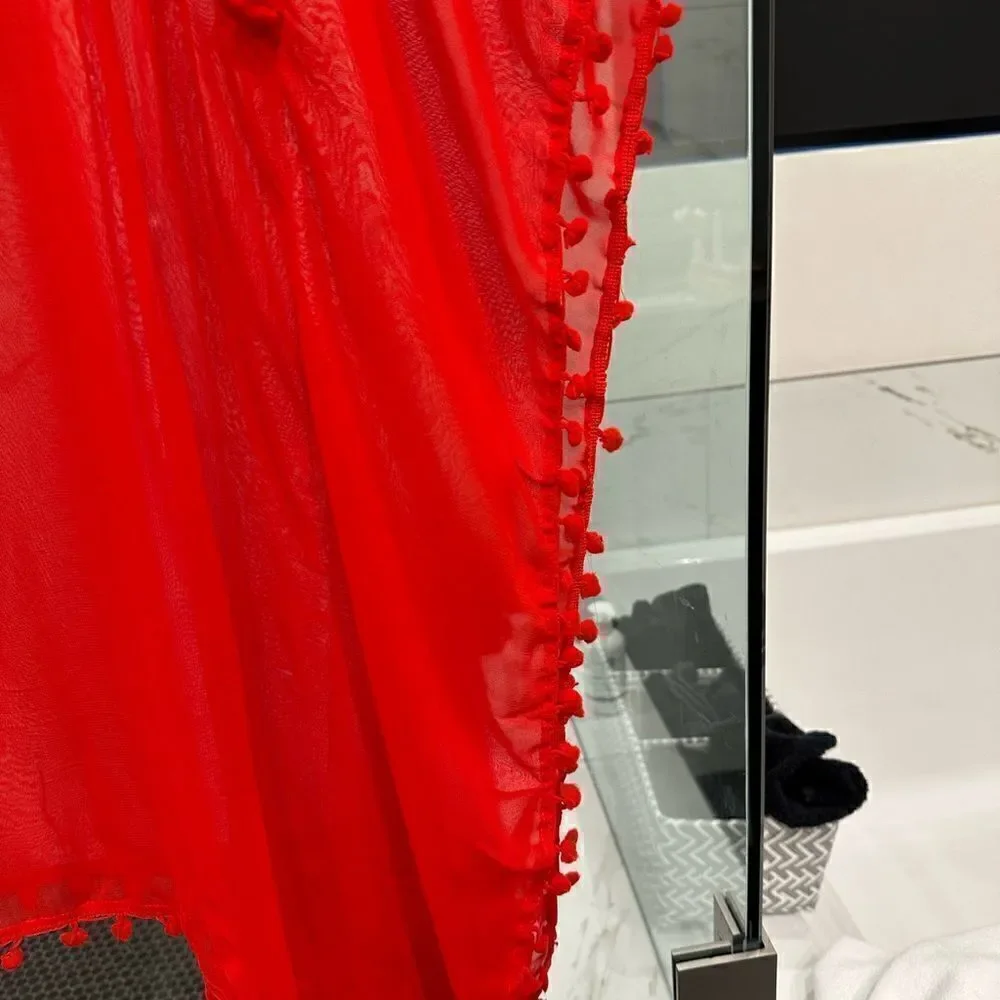 11-Cherry Red Tassel Trim Short Swim Cover by Shahida Parides