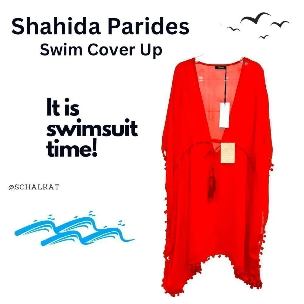 11-Cherry Red Tassel Trim Short Swim Cover by Shahida Parides