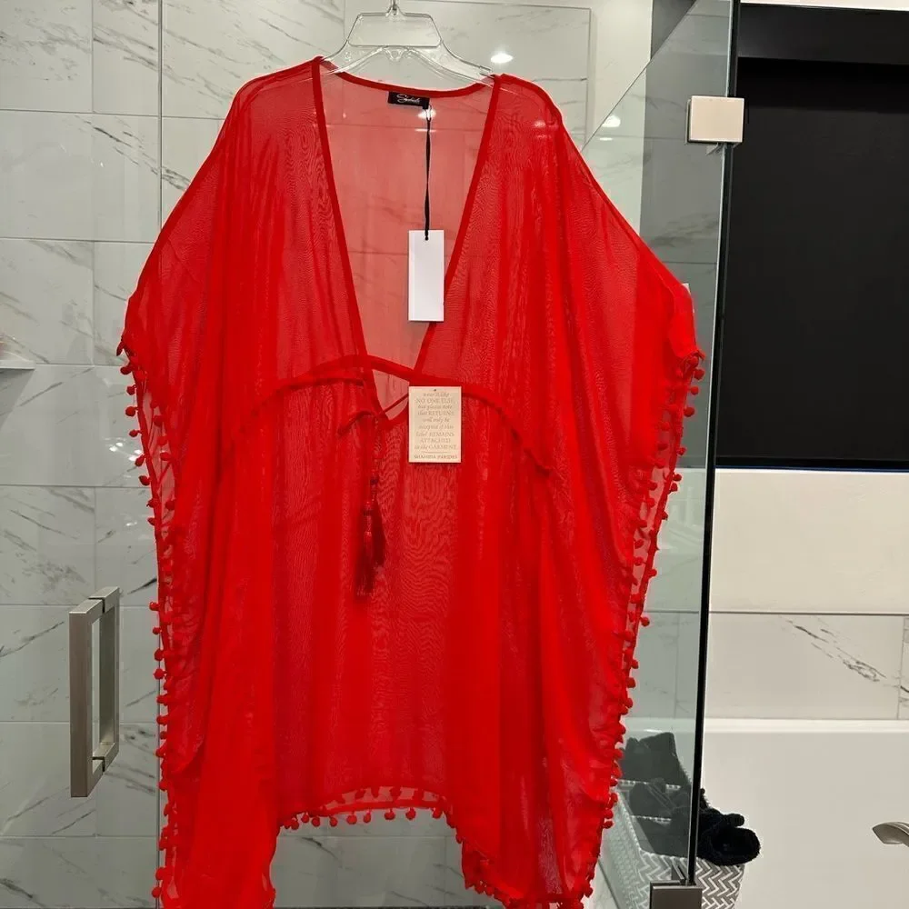 11-Cherry Red Tassel Trim Short Swim Cover by Shahida Parides