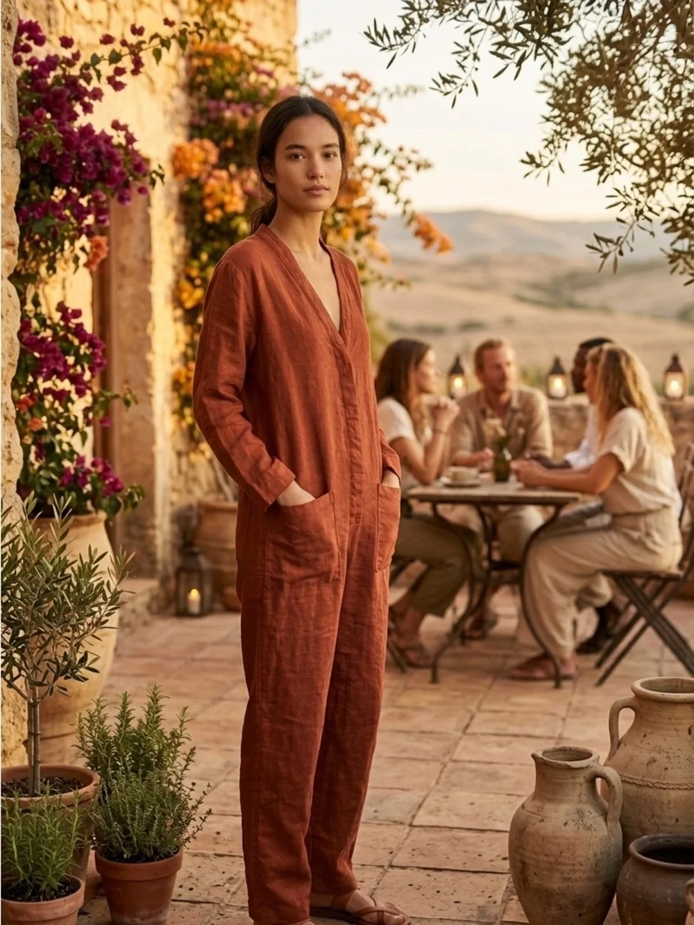 Zara Rust-Red Linen Jumpsuit with Front Pockets