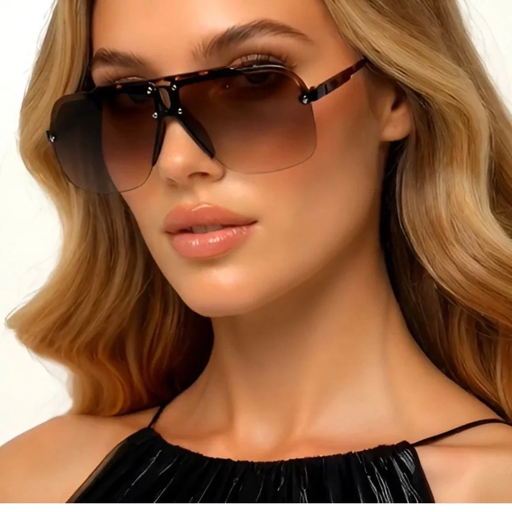 Women Sunglasses Square Frameless Retro Brown Lens Classy Luxury‎ Shades Lentes