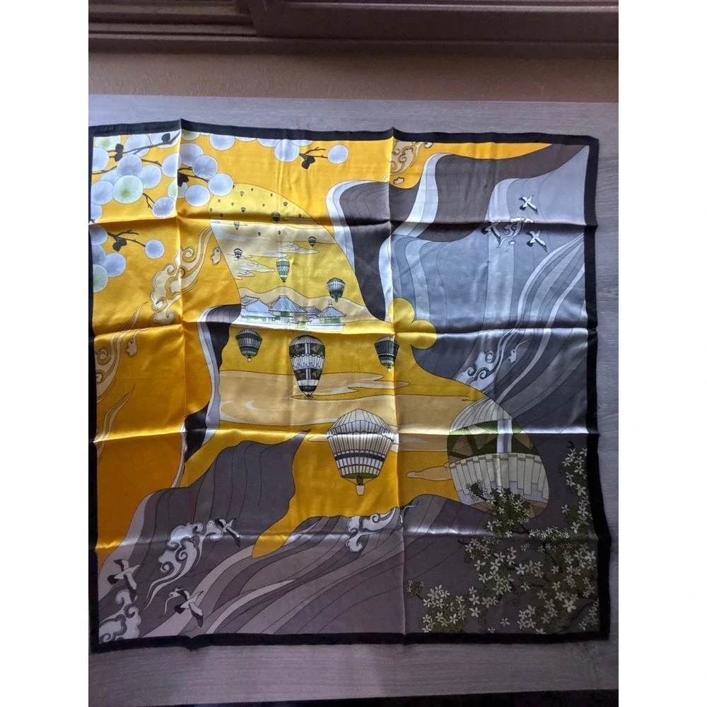 Silk Square Scarf‎ Hot Air Balloon Landscape Print Yellow Grey Black 25