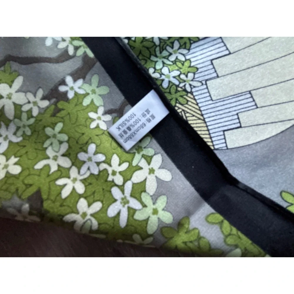 Silk Square Scarf‎ Hot Air Balloon Landscape Print Yellow Grey Black 25