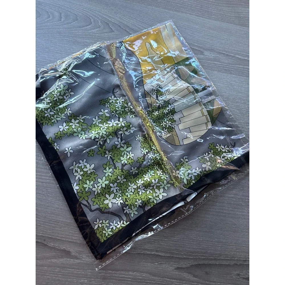 Silk Square Scarf‎ Hot Air Balloon Landscape Print Yellow Grey Black 25