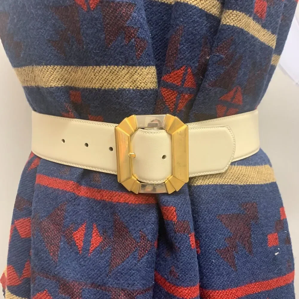 Vintage Retro Cream Leather Art Deco‎ Belt Gold Silver Buckle Art to Wear Medium