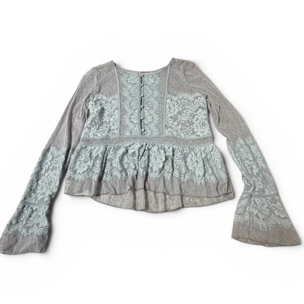 Free People Blouse Womens Small Blue Sheer Lace Peplum Mesh Boho Victorian