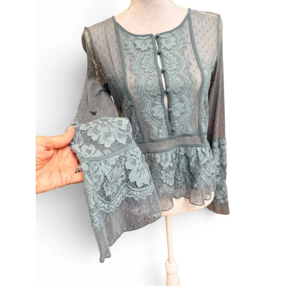 Free People Blouse Womens Small Blue Sheer Lace Peplum Mesh Boho Victorian