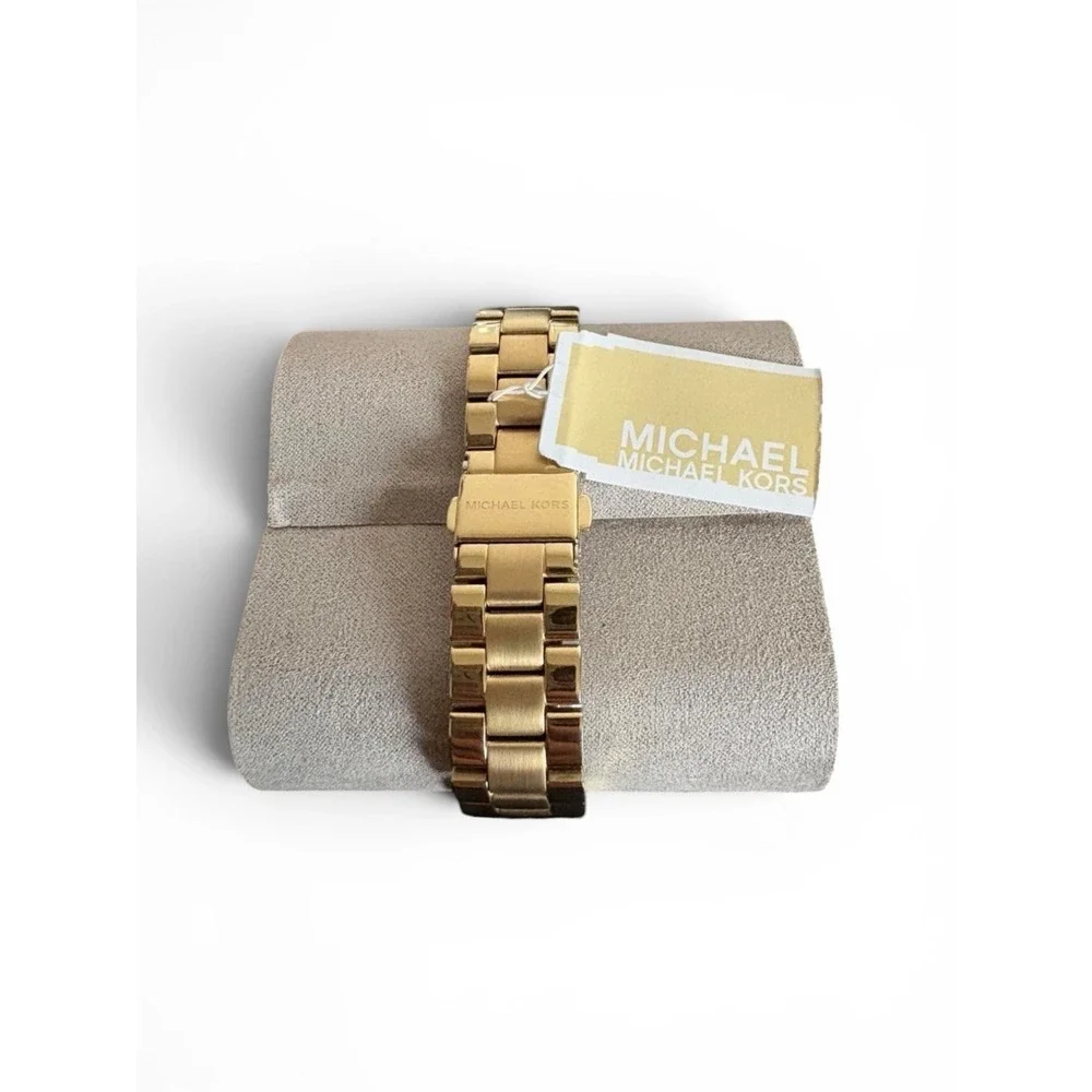 Michael Kors Women's Gold-Tone Gem-Set Bezel Quartz Watch White Dial Bracelet