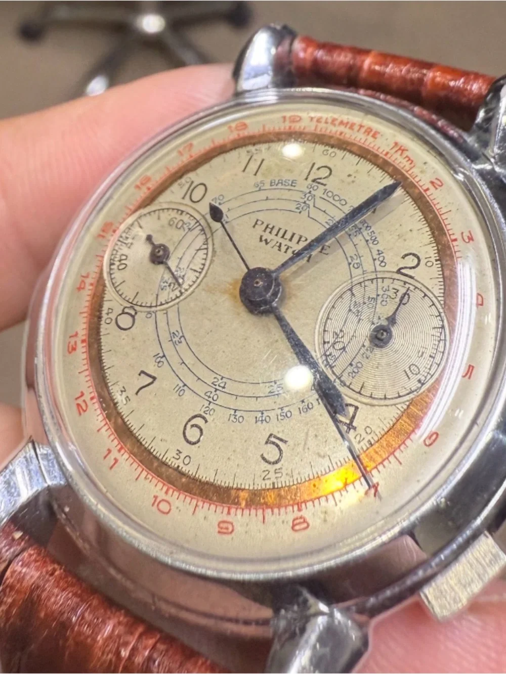 Vintage Philippe Men's Chronograph Watch - Brown Dial, Brown Strap