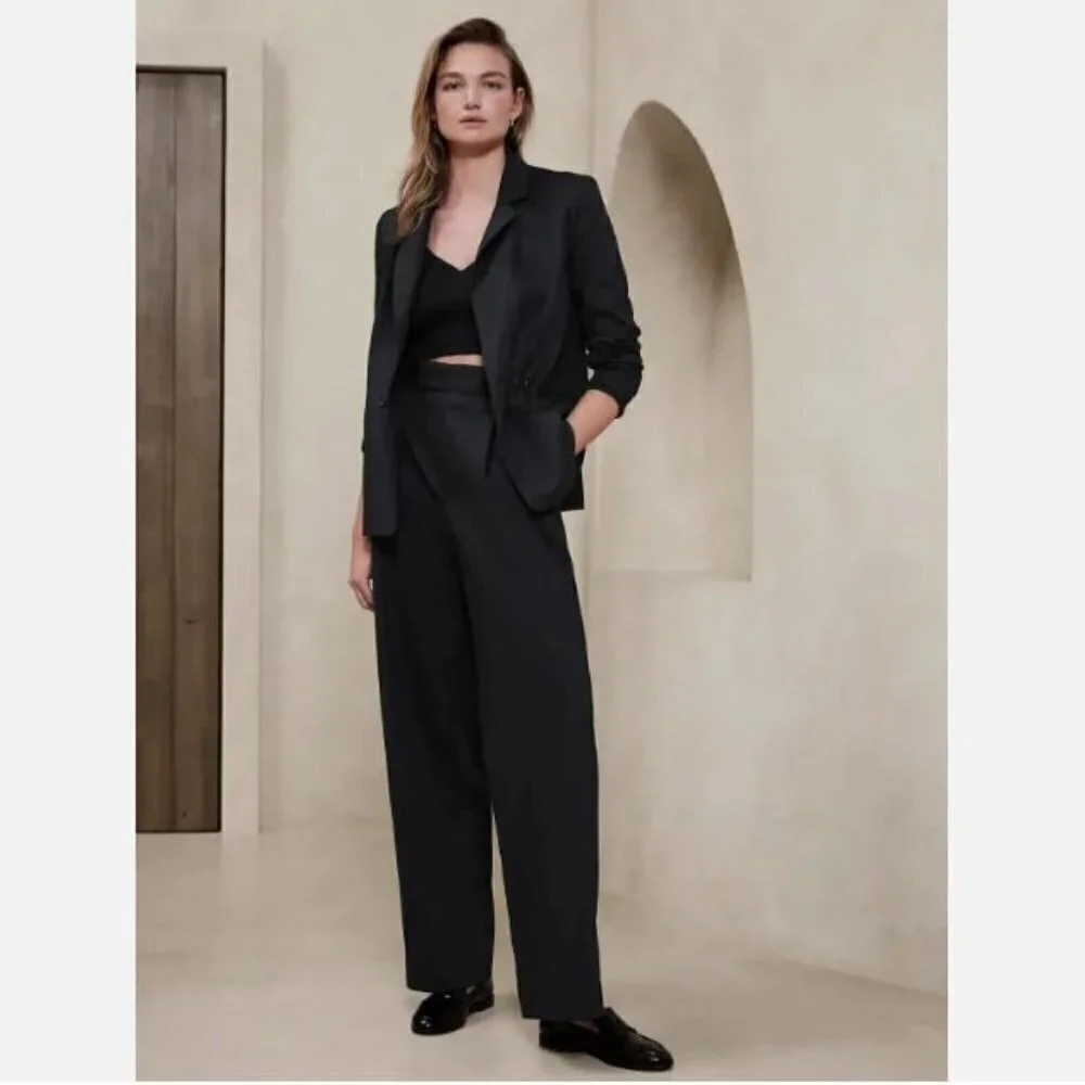 Banana Republic BLACK Wide-Leg Linen High-Rise Size 8 PETITE Pants MSRP $100