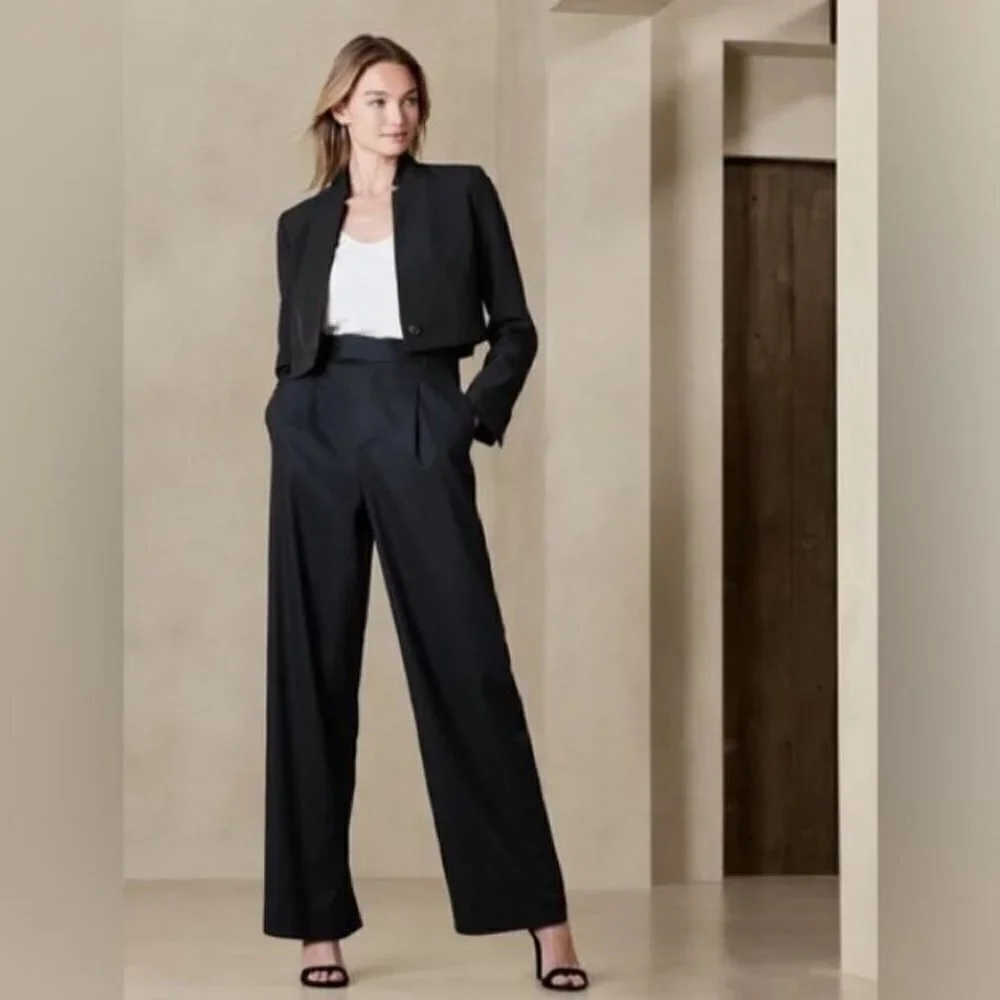 Banana Republic BLACK Wide-Leg Linen High-Rise Size 8 PETITE Pants MSRP $100