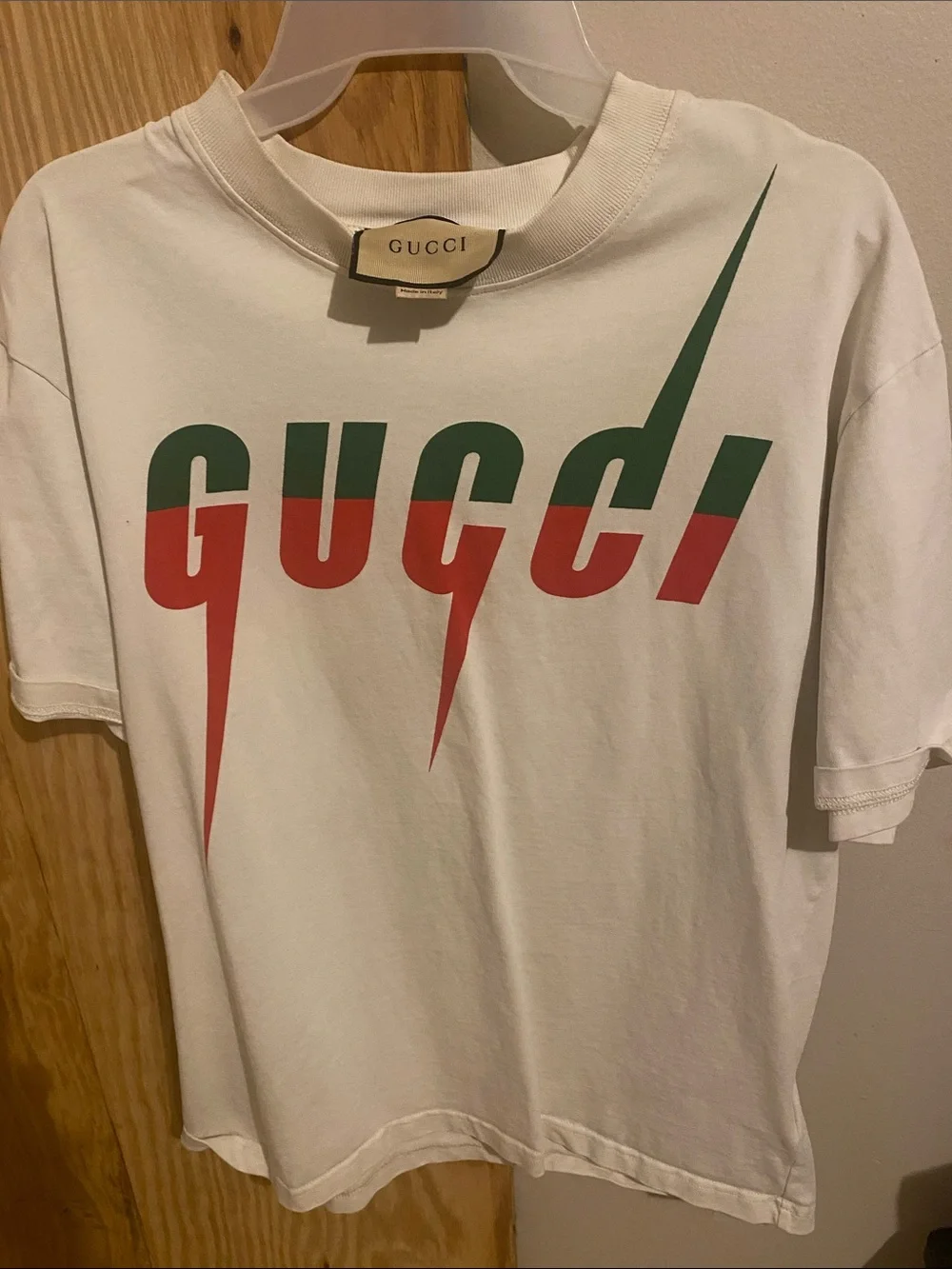 Gucci White Short Sleeve Tee with Red & Green graphics