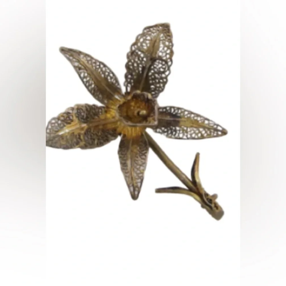 Vintage Gold Vermeil Silver Orchid Filigree Brooch