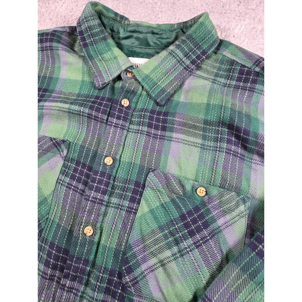 John Blair Flannel Shirt Jacket XL Green Plaid‎ Mens Quilted Lined B05100