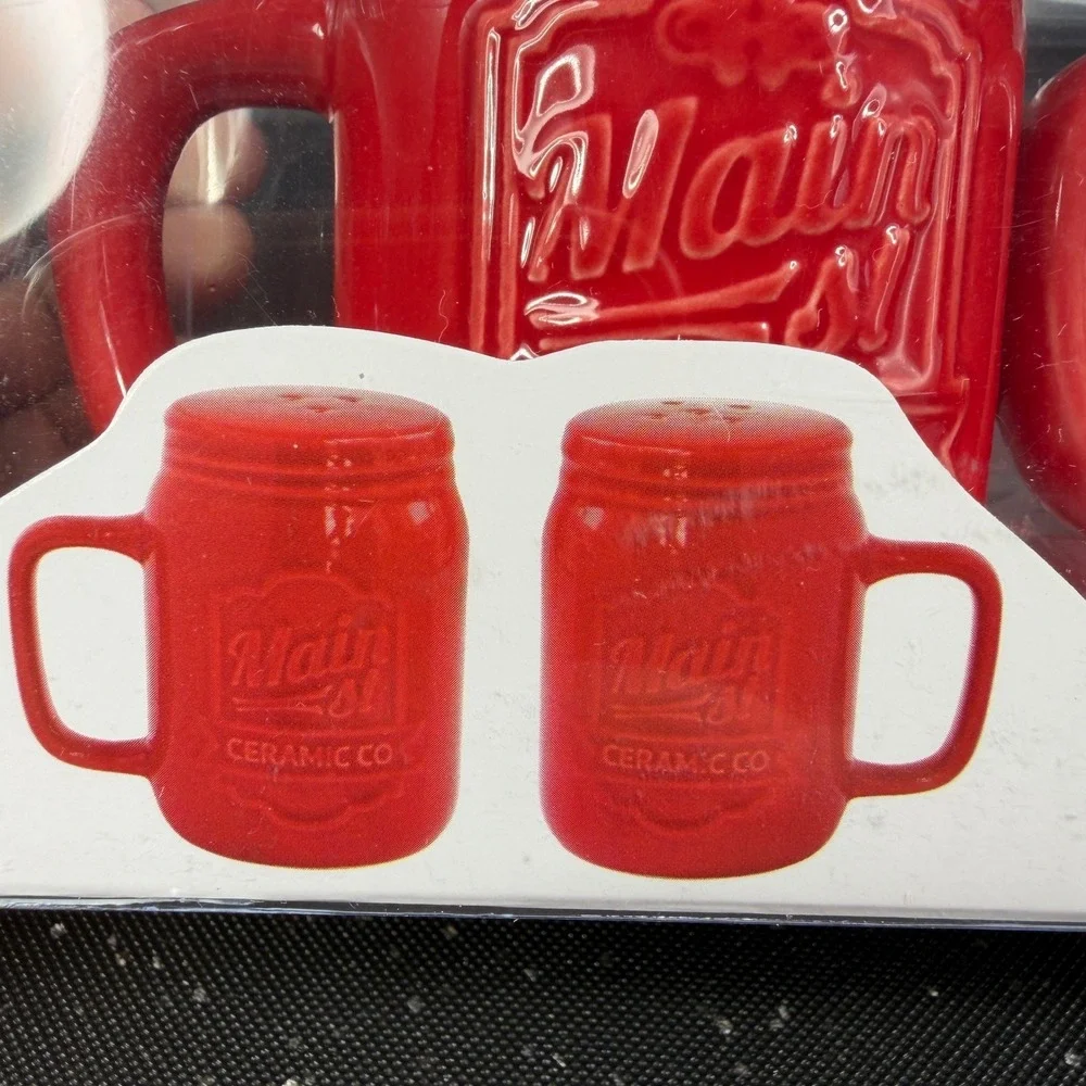 American Atelier Main St Ceramic Co Red Mason Jar Mug Salt and Pepper Shaker Set