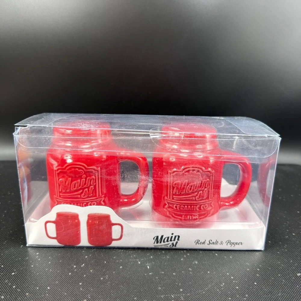 American Atelier Main St Ceramic Co Red Mason Jar Mug Salt and Pepper Shaker Set