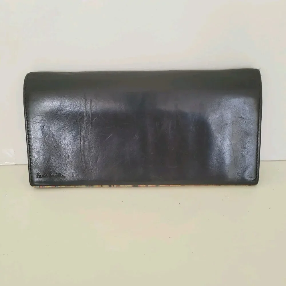 Paul‎ Smith Designer Checkbook Card Bill Holder Wallet Black Bifold Leather Long