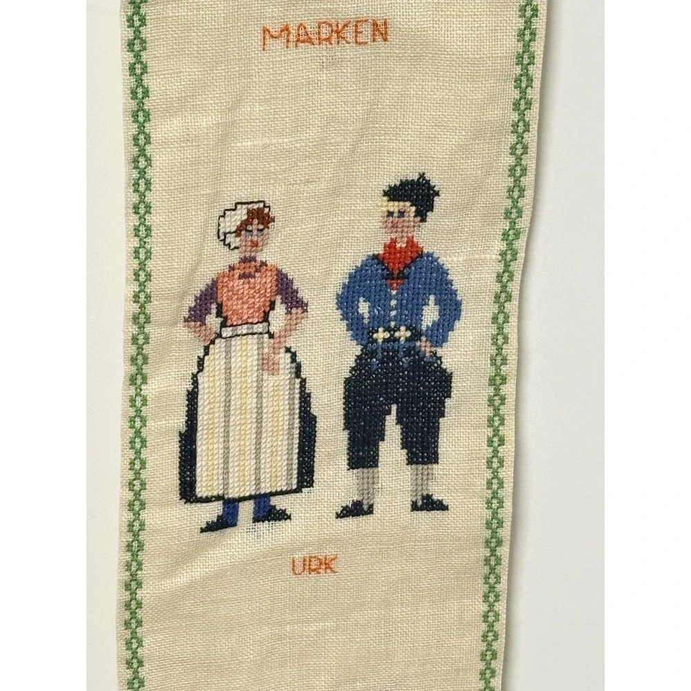 Vintage Dutch Needlepoint Bell Pull Wall Hanging Folk Costume Sampler 45in #12