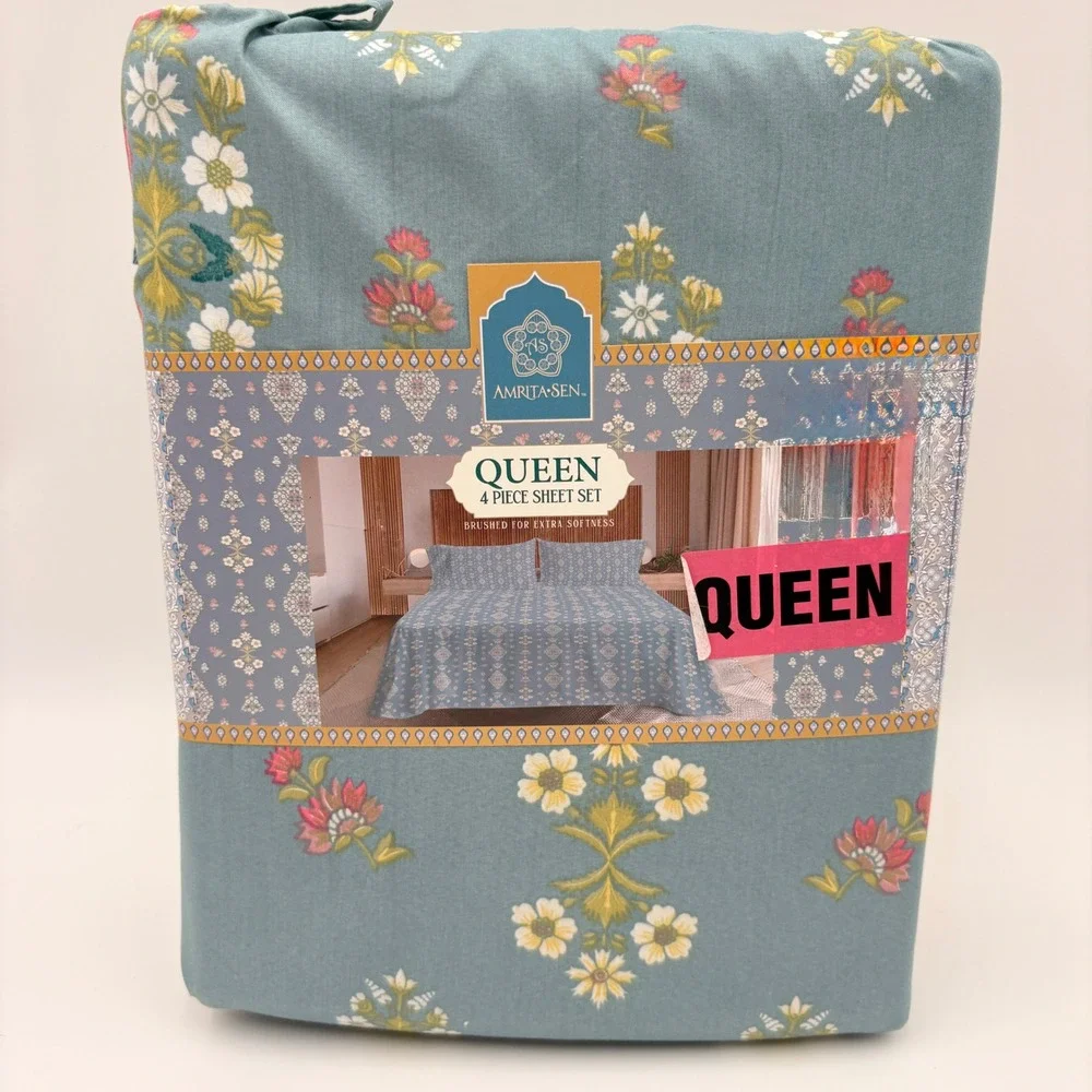 Amrita Sen Queen 4 Piece Sheet Set‎ Blue Floral Brushed Microfiber Made in India