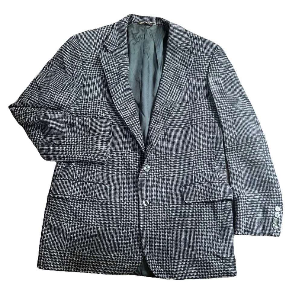 Fitzgerald USA Tailored 42R Check Houndstooth Blazer‎ Wool Flannel Sport Coat