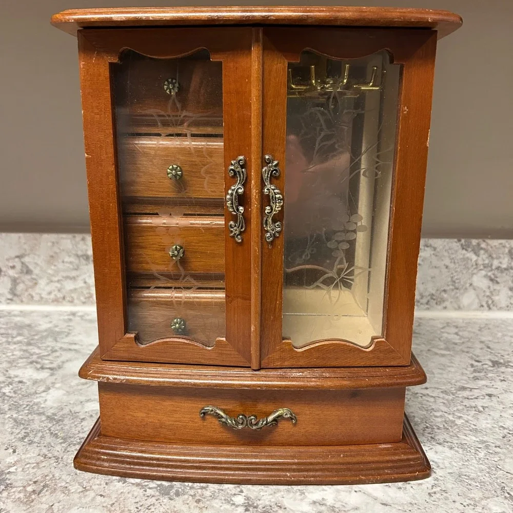 Vintage Wooden Jewelry Box Armoire Brown Vintage Etched Glass Necklace Carousel