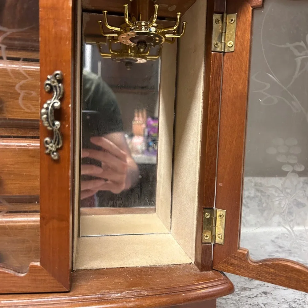 Vintage Wooden Jewelry Box Armoire Brown Vintage Etched Glass Necklace Carousel