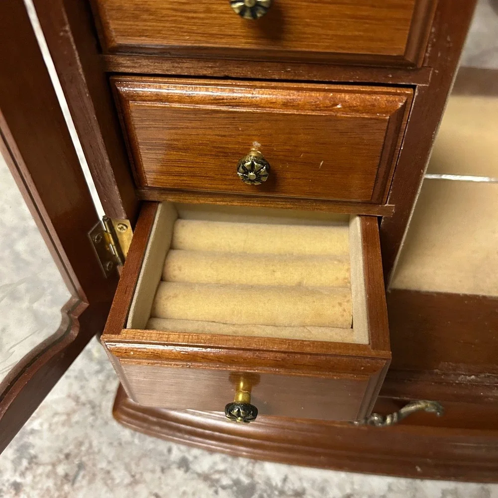 Vintage Wooden Jewelry Box Armoire Brown Vintage Etched Glass Necklace Carousel