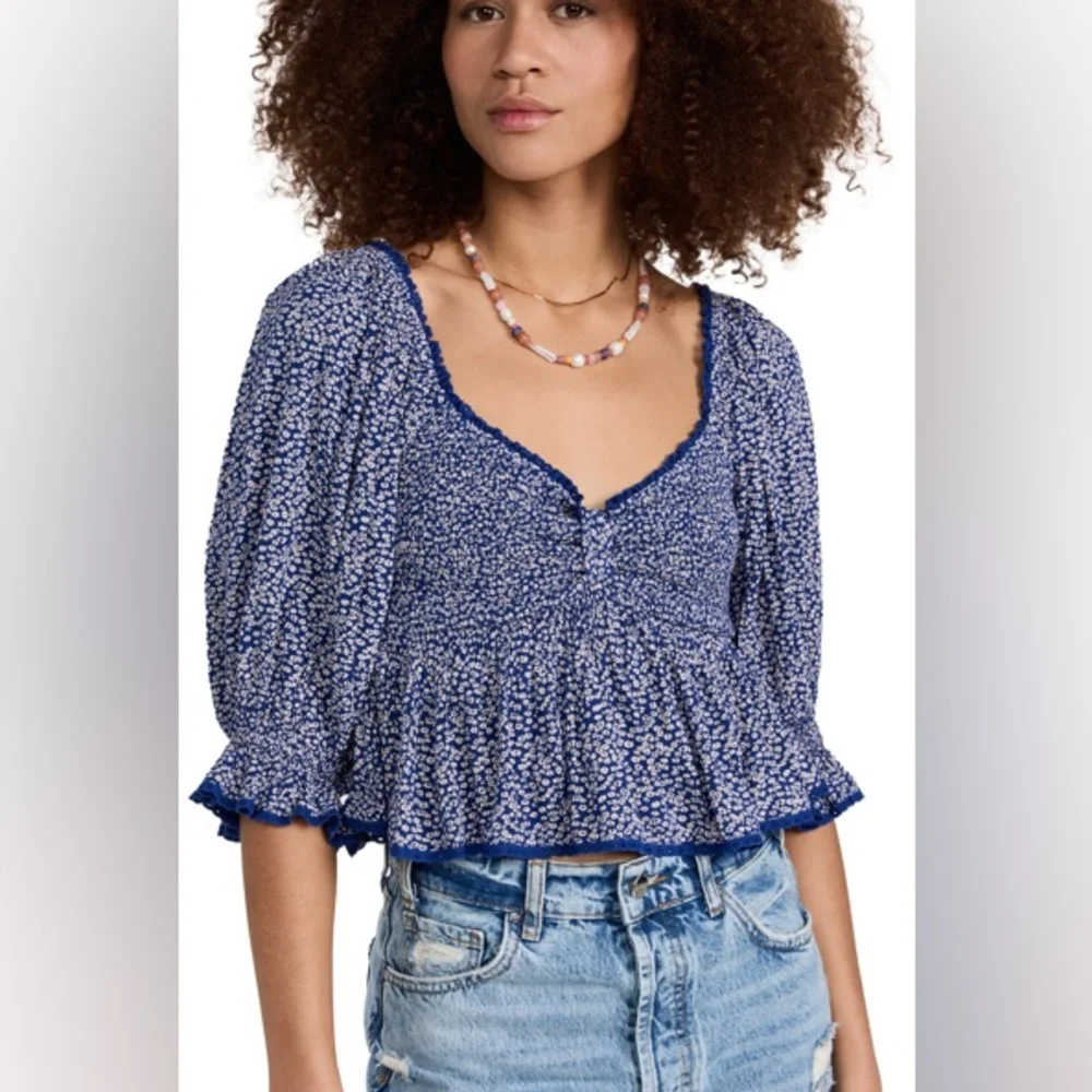 Free People‎ Brittnee Print Smocked Back Peplum Top in Blue Combo Size XS