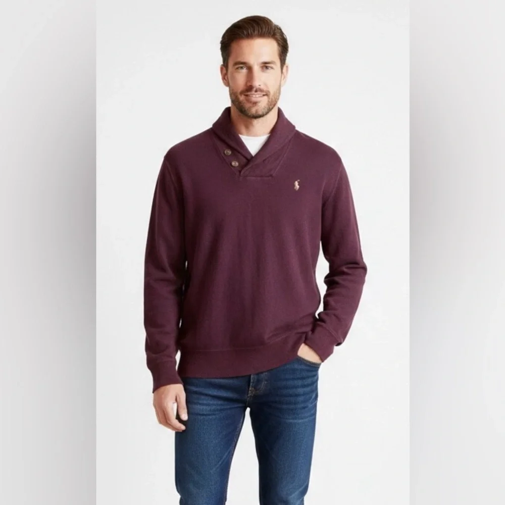 Polo Ralph Lauren Estate Rib Shawl-Collar Sweater Cotton Pullover Size L Maroon