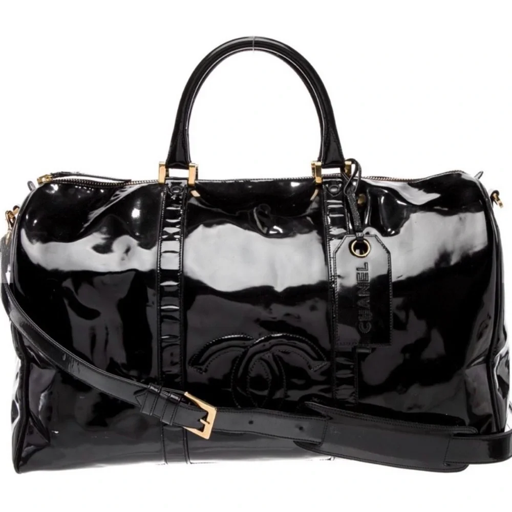 Vintage CHANEL CC Logo Patent Leather Duffel Travel Bag Black