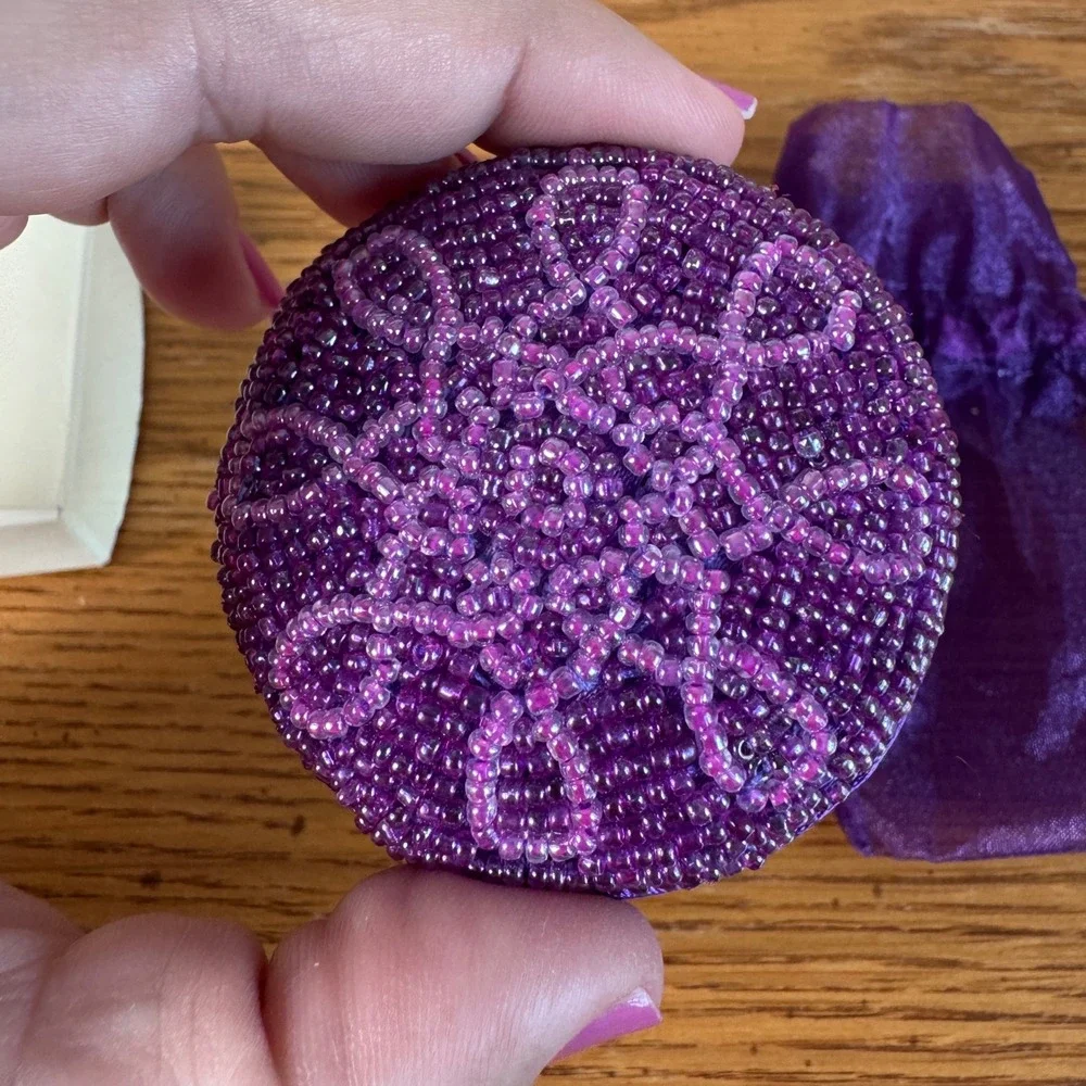 Mark by Avon Karmala Beaded Mirror Purple Seed Bead Compact Mandala Vintage 2005