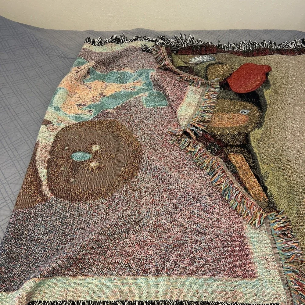 Vintage Christmas Tapestry Throw Blanket Snowman Teddy Bears Sled 52x70