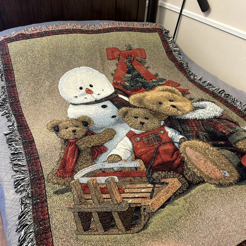 Vintage Christmas Tapestry Throw Blanket Snowman Teddy Bears Sled 52x70