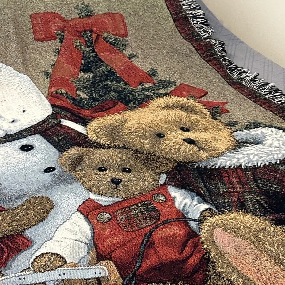 Vintage Christmas Tapestry Throw Blanket Snowman Teddy Bears Sled 52x70