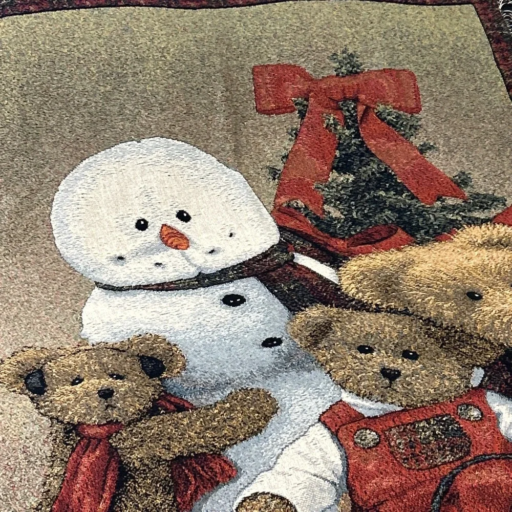 Vintage Christmas Tapestry Throw Blanket Snowman Teddy Bears Sled 52x70
