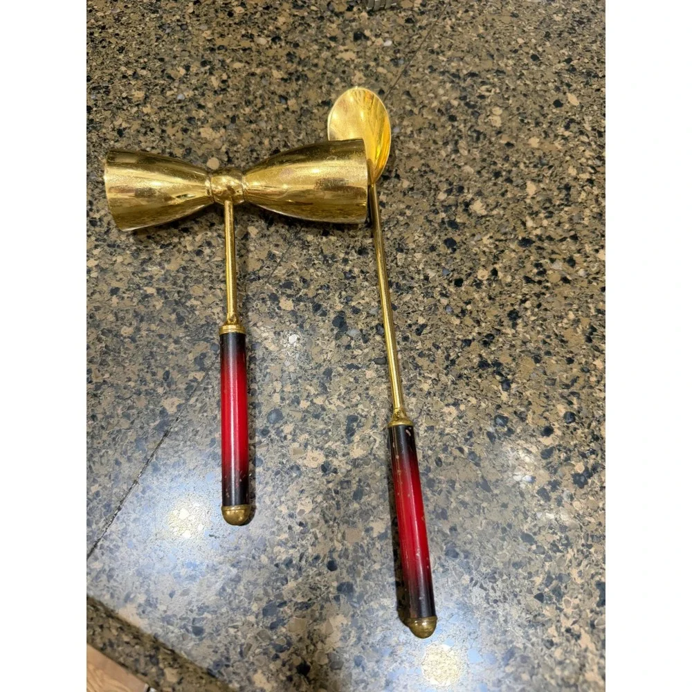 Vintage MCM Gold Tone Barware Set Jigger and Mixing‎ Spoon Red Ombre Handles