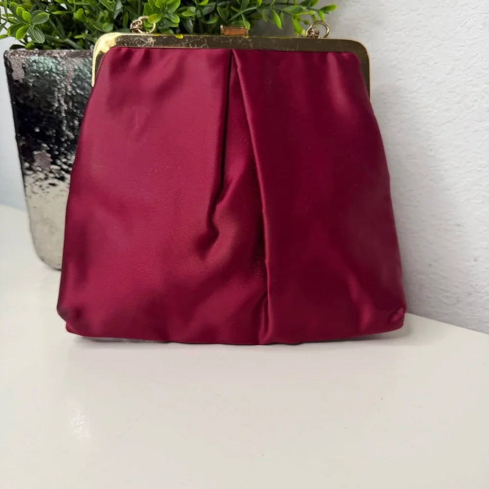 Miss Lewis Clutch Bag Womens Burgundy Satin Chain Strap Vintage Glam OS