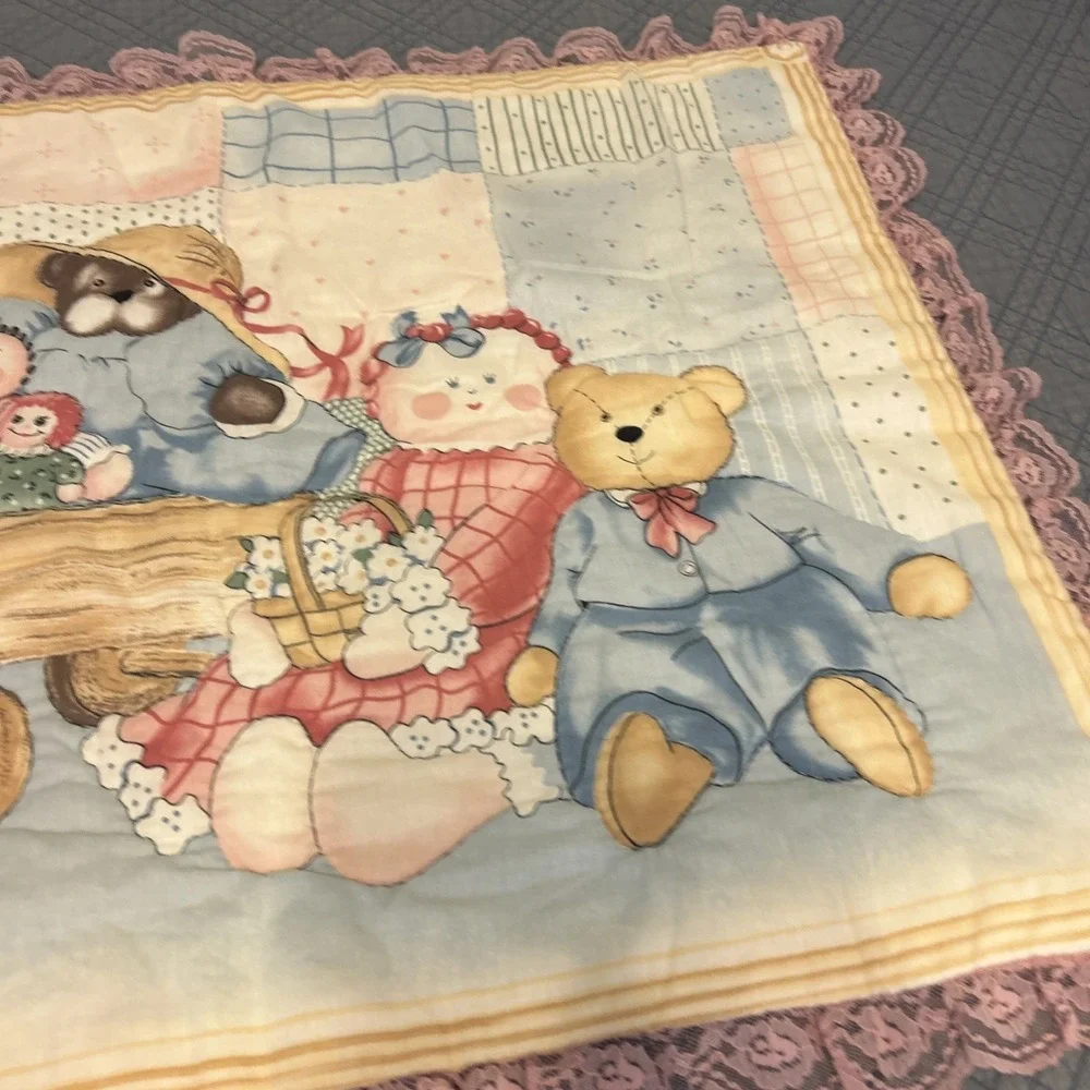 Vintage Country Bear Friends Baby Nursery Quilt Blanket 27x36 Cottagecore