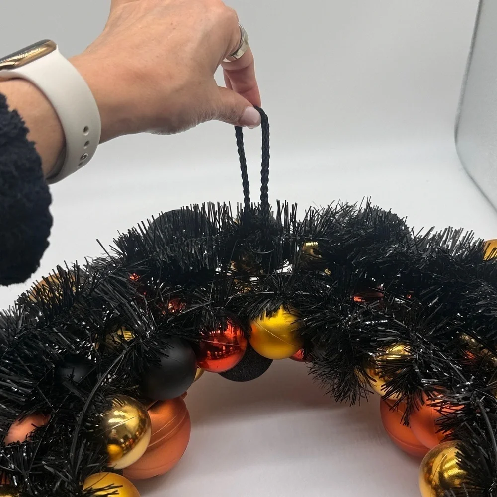 Halloween Shatterproof Ornament  Orange Black Gold Shiny Wreath Festive Spooky