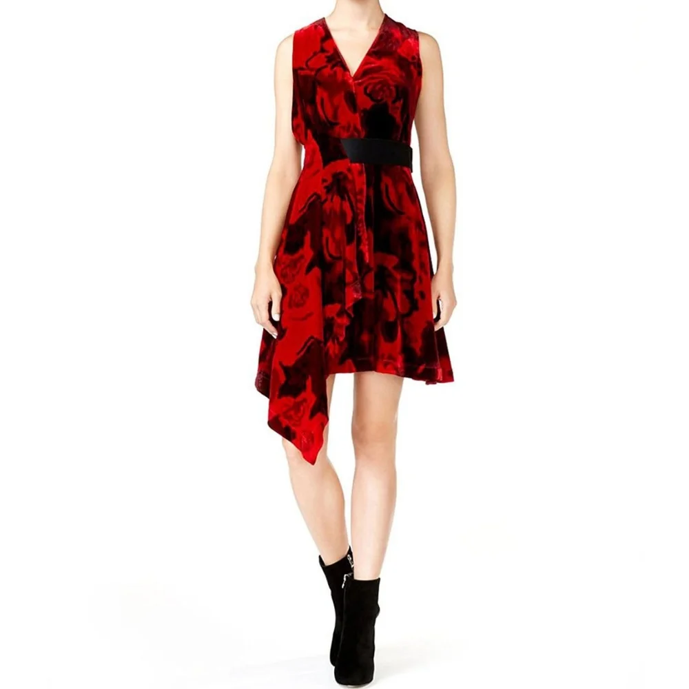 RACHEL Rachel Roy Red and Black Asymmetrical Fit and‎ Flare Dress