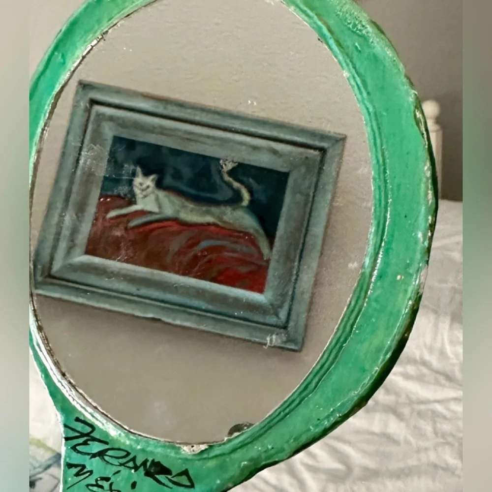 Vintage Mexican Folk Art Hand Mirror — Hand-Painted “Lady Face” — Signed