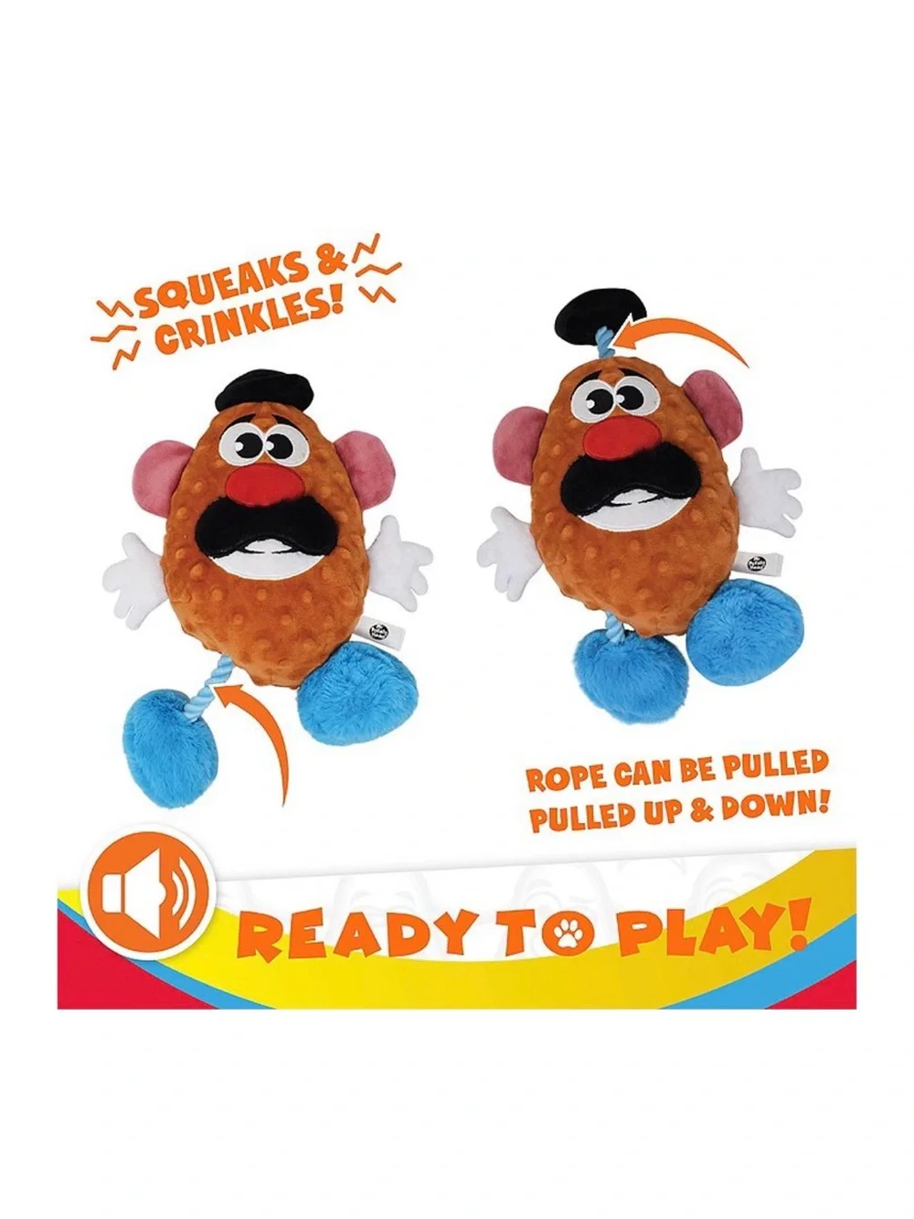 DISNEY HASBRO Mr. Potato Head Plush Dog Toy Squeak, Crinkle & Rope NWT 12”