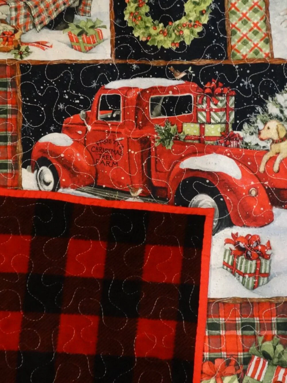 Handmade Red Truck Christmas Quilt, Fleece Backing, Holiday Throw (47