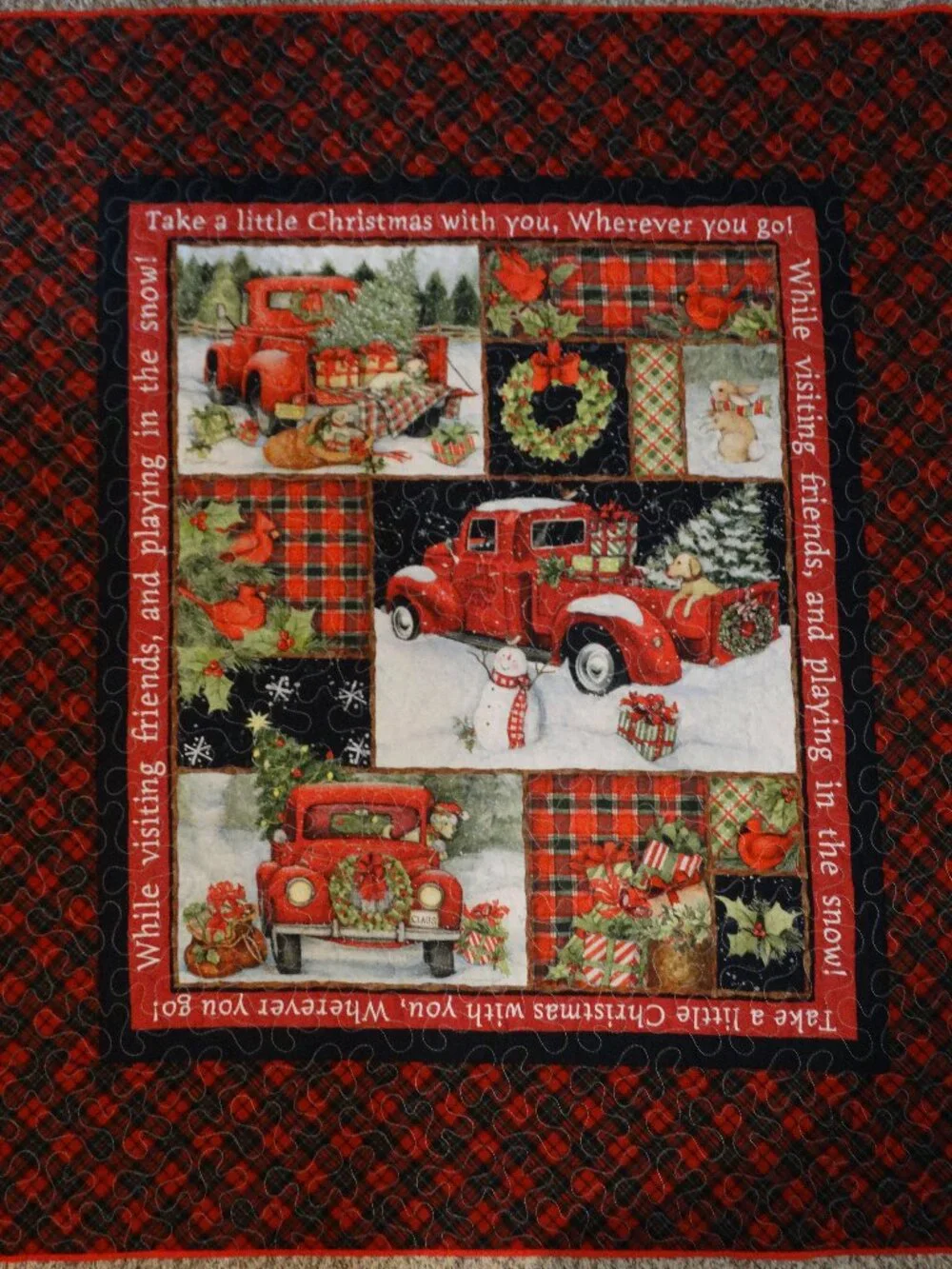 Handmade Red Truck Christmas Quilt, Fleece Backing, Holiday Throw (47