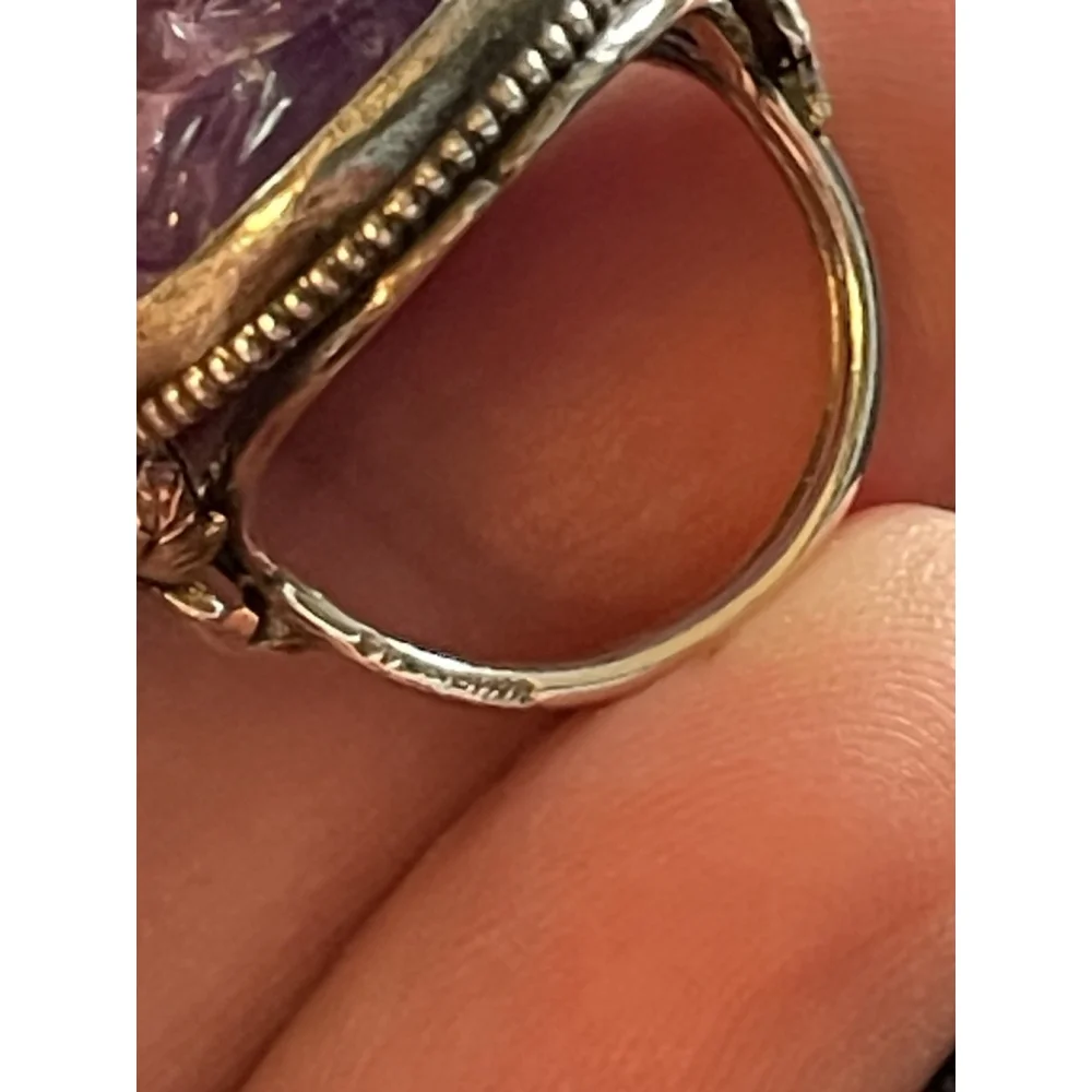Vintage Hand Carved Amethyst Art Nouveau Silver Flower Ring Sterling 4.5