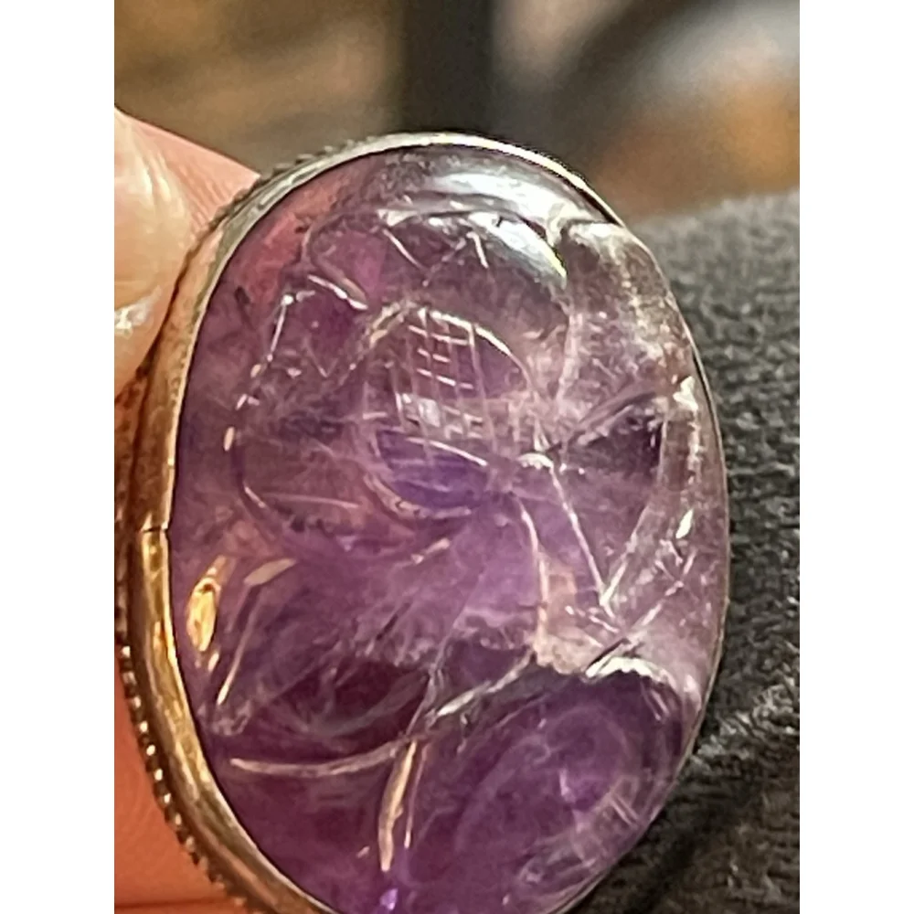 Vintage Hand Carved Amethyst Art Nouveau Silver Flower Ring Sterling 4.5