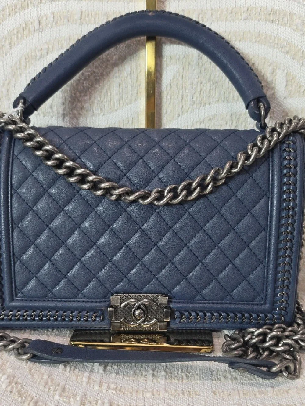 Chanel Boy Large Quilted Navy Leather Chain Top-Handle Shoulder Bag